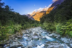 Moonrise over Mount Madeline and the Tutoko River, Fiordland National Park, South Island
