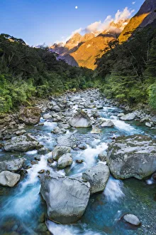 Flowing Prints: Moonrise over Mount Madeline and the Tutoko River, Fiordland National Park, South Island