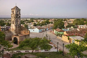 Prints of Morning hillside view of Santa Ana church, the plaza, Trinidad streets and the ocean, Cuba Caribbean Prints: Morning hillside view of Santa Ana church, the plaza, Trinidad streets and the ocean