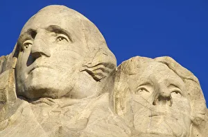Prints of Morning light on Washington and Jefferson detail, Mount Rushmore National Memorial, South Dakota, USA Images Dated 2018 December: Morning light on Washington and Jefferson detail, Mount Rushmore National Memorial