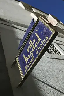 Images Dated 26th March 2006: MOROCCO, Atlantic Coast, ESSAOUIRA: Sign for the Villa Bagdad Hotel