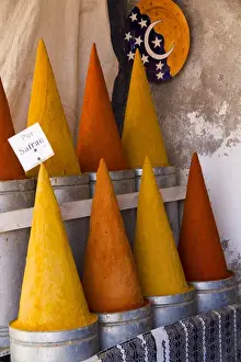 Conical Prints: Morocco, Essaouira. Cones of Saffron spices in the medina of Essaouira market
