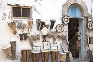 Morocco, shop with traditional music instruments in the Medina, old town, of Essaouira