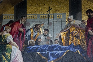 Italian Culture Prints: Mosaic Religous artwork on the outside arches of St. Marks Cathedral, Venice Italy