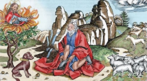 16th Century Prints: Moses and the burning bush. 16th century engraving. Colored