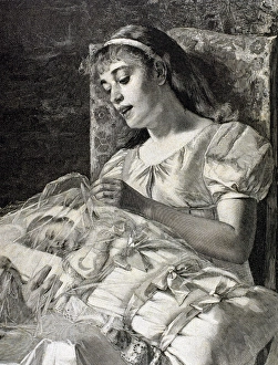 Asleep Prints: Mother with baby. Engraving made by Knesing in 1887
