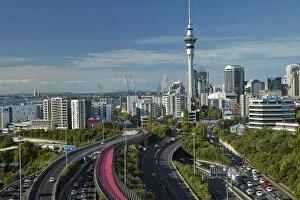 Australia Collection: Motorways, Lightpath cycleway, and Skytower, Auckland, North Island, New Zealand