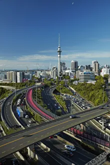 Images Dated 6th July 2019: Motorways, Lightpath cycleway, and Skytower, Auckland, North Island, New Zealand