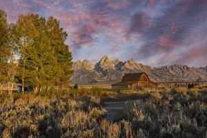 Moulton Barn Prints: Moulton barn at sunrise and Teton Range, Grand Teton National Park, Wyoming