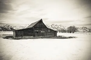 Moulton Barn and Tetons in winter, Grand Teton National Park, Wyoming USA