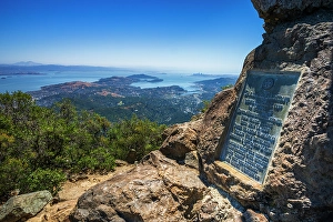 Prints of Mount Tam summit plaque and San Francisco Bay, Mount Tamalpais State Park, California, USA Images Dated 2024 October: Mount Tam summit plaque and San Francisco Bay, Mount Tamalpais State Park, California, USA