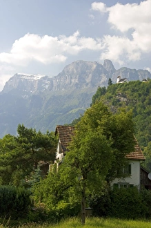 Swiss Prints: Mountain and farm scene near Walenstadt, Switzerland. mountain, alps, switzerland
