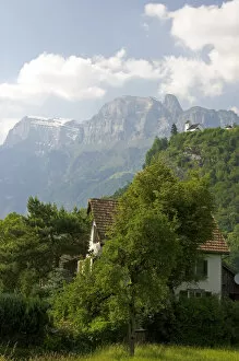 Mountain and farm scene near Walenstadt, Switzerland. mountain, alps, switzerland
