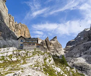 Images Dated 2021 April: Mountain hut Rifugio Tuckett e Sella. The Brenta Dolomites, UNESCO World Heritage Site