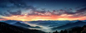 Images Dated 30th July 2024: Mountain landscape at sunrise with fog. (AI Generated)