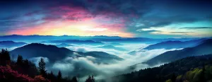 Images Dated 30th July 2024: Mountain landscape at sunrise with low clouds. (AI Generated)