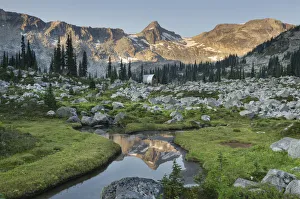 Mountains reflected in creek, subalpine meadows of Marriott Basin, Coast Mountains