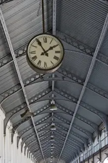Railway Station Prints: Mozambique, Maputo. Architectural details of clock inside colonial era C. F. M. Railway