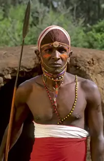 Masaai Prints: Msai tribe people in costume traditional dress in jungles in front of hut near Kenya Africa