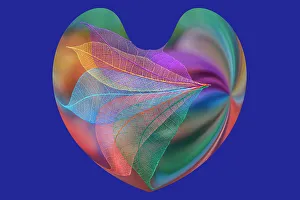Skeleton Prints: Multi-colored skeleton leaves arranged in heart-shape on blue background