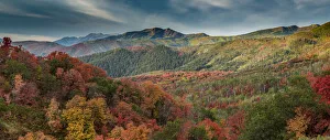 Multicolored fall panoramic landscape, Wasatch Mountains, near Park City and Midway, Utah