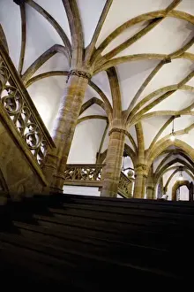 Low Angle Prints: Munich, Bavaria, Austria - Low angle view of a stairway and the ceiling of a rustic interior