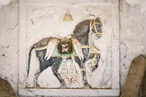 Images Dated 10th November 2006: Mural of horse inside Ghanerao Castle, Ghanerao, Rajasthan, India