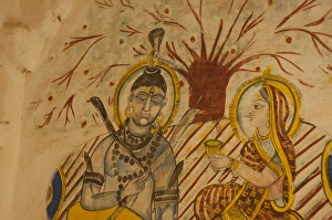 Udaipur Prints: Mural on the wall of the City Palace showing Krishna, Udaipur, Rajasthan, India