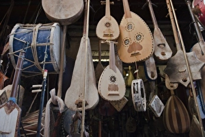 Medina Prints: Musical Instruments for sale Chefchaouen Medina. Mediterranean Coast of the Rif Morocco