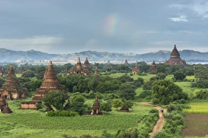Bagan Prints: Myanmar, Bagan. Stupas (temples) dot the plains of Bagan