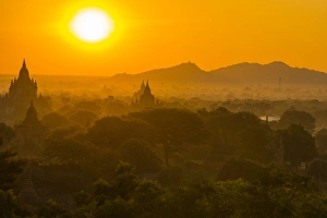 Architecuture Prints: Myanmar. Bagan. Sunrise over the temples of Bagan
