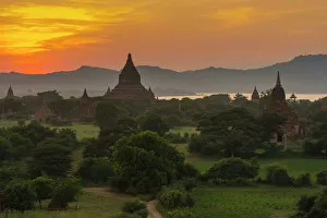 Trending: Myanmar. Bagan. Sunset over the temples of Bagan