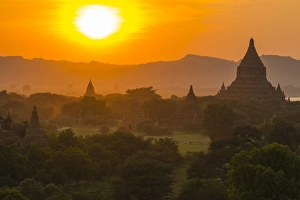 Buddhism Prints: Myanmar. Bagan. Temples at sunset