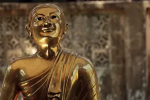 Burma Prints: Myanmar, Burma, Yangon. Interior shot of Chaukhtatgyi Temple with golden figure