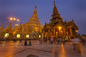 Burma Prints: Myanmar, Yangon. Schwedagon Temple at twilight