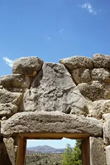 Mycenaean Art. The Lion Gate of Mycenae fortress. View behind the gate. Argos, Peloponnese, Greece
