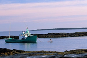 N. A. Canada, Nova Scotia, Blue Rocks. Lobster boat in quiet bay early morning