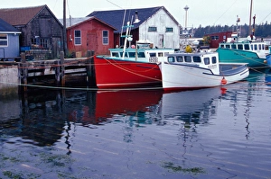 N. A. Canada, Nova Scotia, Hunts Point. Lobster boats at dock in harbor