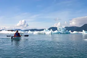 N. A. USA, Alaska. Tourists kayaking in and around Columbia Glacier
