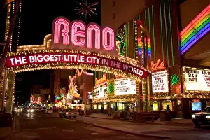 Casino Prints: N. A. USA, Nevada, Reno. Neon lights and casinos along Virginia Street