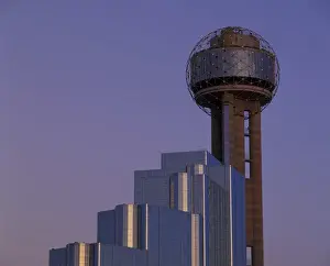 Dallas Prints: N. A. USA, Texas, Dallas Reunion Tower and Hyatt Regency Hotel at dusk