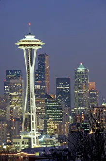 Space Needle Prints: N. A. USA, Washington, Seattle. Space Needle and downtown at night
