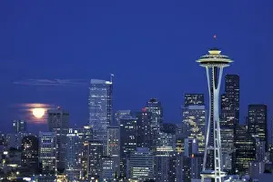 N. A. USA, Washington, Seattle Skyline with full moon rising