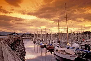 NA, Canada, BC, Comox Harbor, boats, sunset, filtered sky / foreground