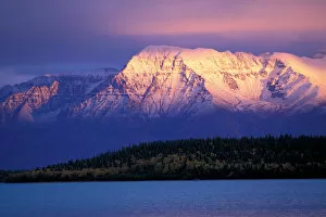 NA, USA, Alaska, Katmai NP, Naknek Lake with Mt. Katolinat behind lit by sunset