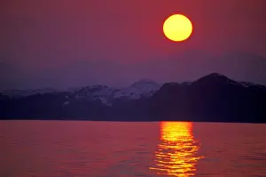 Water Feature Prints: NA, USA, Alaska, Prince William Sound Sunset over the sound and the Chugach Mountains