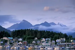 Marina Prints: NA, USA, Alaska, Sitka, Part of the Sitka fishing fleet tied up; mountains of Baranof
