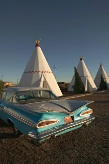 Car Prints: NA, USA, Arizona, Holbrook Route 66, Wigwam Motel, concrete teepees and 1959 Cheverolet