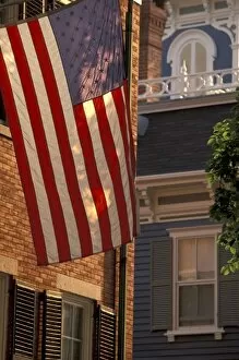 NA, USA, Massachusetts, Nantucket Island, Nantucket Town. Main Street and US flag