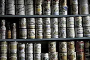 NA, USA, Montana, Virginia City Shelves stocked with canned goods in abandoned